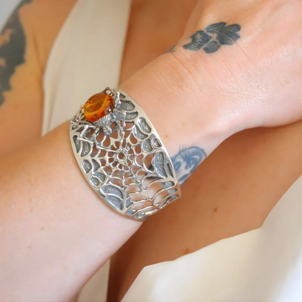 Baltic Amber Cuff Bracelet- Sterling Silver Spiderweb Design